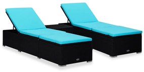 3 részes fekete polyrattan kerti napozóágy szett asztallal