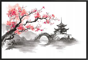 Poszter Alumínium Keret Ázsia Kína Pagoda Híd Cseresznyefa Sakura 60x40