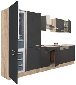 Yorki 340 konyhabútor sonoma tölgy korpusz,selyemfényű antracit fronttal polcos szekrénnyel és alulfagyasztós hűtős szekrénnyel