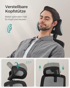 irodai szék, ergonomikus, hálós szék deréktámasszal és állítható fejtámlával, fekete