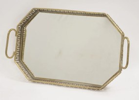Szögletes óarany fém tálca fogantyúval, tükrös tálcalappal 10x56x33cm