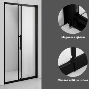 Stuxi Sydney Black toló zuhanyajtó 6 mm vastag vízlepergető biztonsági üveggel, fekete elemekkel, 200 cm magas, több méretben