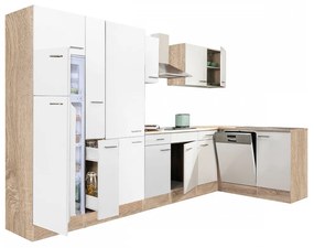 Yorki 370 sarok konyhablokk sonoma tölgy korpusz,selyemfényű fehér fronttal polcos szekrénnyel és felülfagyasztós hűtős szekrénnyel