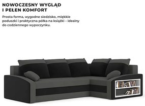 Grande sarokkanapé polcokkal , polc a jobb karfaban, jobboldali, szövet anyag, hab töltet, szürke - fekete