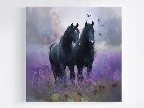 Vászonkép Canvas Természet Ősz Köd Rét Lovak Levendula Hanga 80x80