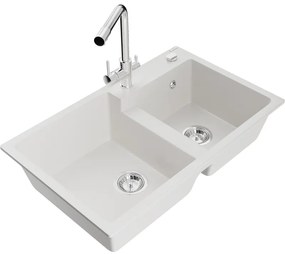 Mexen Tomas, gránit mosogató 800x500x190 mm, 2 kamrás és Duero króm csaptelep, fehér, 6516-20-671600-00