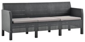 vidaXL 3 személyes antracitszürke PP rattan kerti kanapé párnákkal