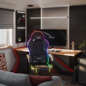 Gamer szék, forgó, ergonómikus, RGB világítással, fekete