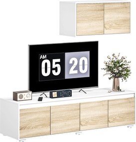 HOMCOM 2 darabos nappali fali egység forgácslapból, max 70" TV állvány 160x39x43 cm és fali tárolószekrény 80x35x40 cm, fehér és fa szín | Aosom