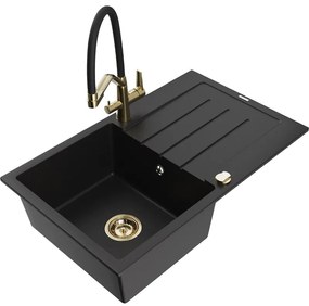 Mexen Bruno 1-medencés gránit mosogató csepegtetővel és Duo konyhai csappal, fekete - 6513-77-671701-57-G