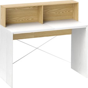HOMCOM Számítógép Íróasztal Tárolóval 110 x 50 cm, 2 Nyitott Rekesszel és Polccal, Számítógép Íróasztal hálószobába, Kis Terekbe, Fehér és Természetes
