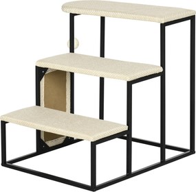 PawHut 3-Lépcsős Macska Lépcső Kutya Lépcső Kaparó Lappal és Játéklabdával Praktikus és Könnyű Pet Lépcső Acél Zsákvászon Krém Fehér+Fekete 50 cm x 53