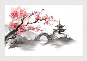 Poszter Keret Fa Ázsia Kína Pagoda Híd Cseresznyefa Sakura 60x40