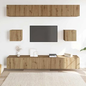 6 részes kézműves tölgy színű szerelt fa fali TV-szekrényszett