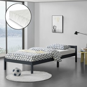 [en.casa] Ágykeret Nakkila ágyráccsal és matraccal fenyőfa 90x200 cm egyszemélyes egyszerű faágy fejtámlával matt sötétszürke