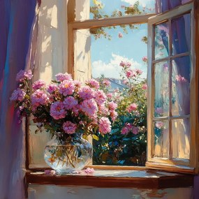 Vászonkép Canvas Ablak Kert Bokor Virágok Rózsa Csokor Váza 80x80