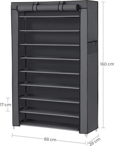 10 szintes cipőtároló porvédő huzattal, 28 x 88 x 160 cm,  40–50 pár cipőnek, szürke