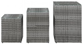 3 db szürke polyrattan kisasztal üveg asztallappal