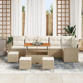 10 darabos Kerti kanapé szett párnákkal Bézs Poly Rattan Akáciával, 4 darabos Kerti Étkező Szett párnákkal Bézs Poly Rattan Akáciával