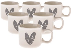 6 darabos kerámia bögrék szett Szív I, 90 ml,szürke