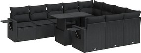 vidaXL 11 részes fekete polyrattan kerti ülőgarnitúra párnákkal