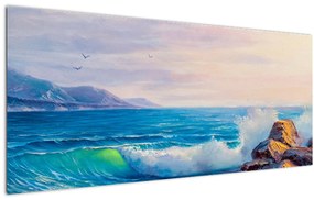 A sziklákat megütő hullámok képe, olajfestmény (120x50 cm)
