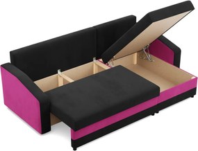 Hewlet sarokkanapé, 2 ágyneműtartóval, szövet anyag, univerzális oldal, hab töltet, fekete - rózsaszín