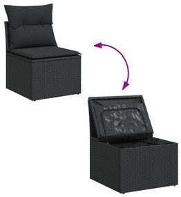 5 darabos kerti kanapé szett, párnákkal, fekete poly rattan, 2 fős kerti kanapé tárolóval és párnákkal, fekete poly rattan