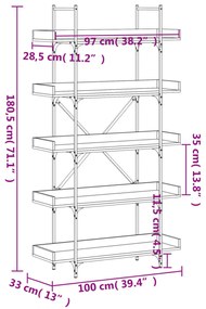 5-szintes füstös tölgy szerelt fa könyvespolc 100x33x180,5 cm