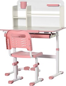 HOMCOM Gyermek Íróasztal és Szék Szett 3 Év Felett Állítható Magasságú Gyermeki Íróasztal Dönthető Asztallappal, Fiókkal és Polccal 80x52x88-109 cm és