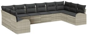 10 db-os kertiszófa szett párnákkal világosszürke poli rattan, 2 üléses kertiszófa tárolóval és párnákkal világosszürke poli rattan