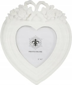Fehér, szív alakú képkeret domború díszítéssel 13,5x11,5 cm