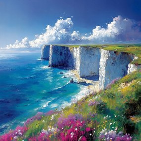 Vászonkép Canvas Tájkép Fehér Sziklák Dover Tenger Sziklák Virágok 80x80