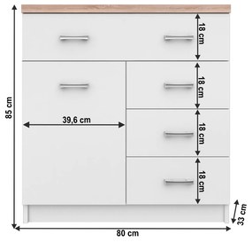 Komód 1D4S, fehér/tölgy sonoma, TOPTY TYP 12