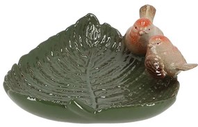 Levél alakú kerámia madáritató és madáretető, kismadár dekorációval