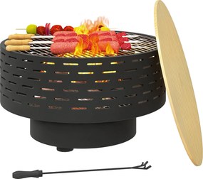 Outsunny 3 az 1-ben Tűzrakóhely Ø60 x 39cm Rozsdamentes Acél Tűzrakóhely Grill Rács, Poker, Szikra Képernyő Fa Optikás Tűztál és Tűzláda Kerthez, Erké