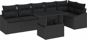 vidaXL Kerti Kanapé Szett 7 pcs Fekete polirattan & Porszórt acél