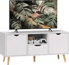 HOMCOM Modern TV Állvány 50"-ig Fiókkal, Nyitott Polccal és 2 Szekrénnyel, 5 Fenyőfa Lábbal, 110x40x50 cm, Fehér | Aosom