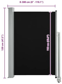 fekete behúzható oldalsó terasz napellenző 120 x 300 cm