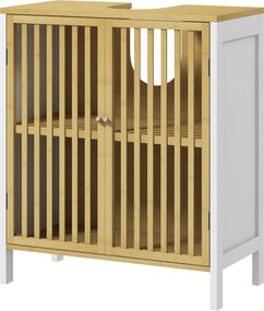 HOMCOM Mosogató Alatti Székajtós Fürdőszobai Tároló Szekrény Állítható Polccal, 30 kg Teherbírás, 60x30x70 cm Természetes és Fehér | Aosom