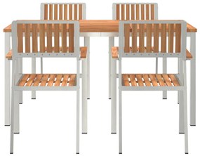 5 Részes Kerti Étkezőszett Tömör Fa Tikfa, Kültéri Étkezőasztal 150x90x75 cm Tömör Fa Tikfa, Rakásolható Kerti Székek 4 db Tömör Fa Tikfa és Fém