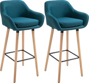 HOMCOM Skandináv Stílusú Bárszékek - 2 db Magas Kényelmes Bárszék Lábpihentővel és Karfával - Masszív Fa Kék Vászon | Aosom