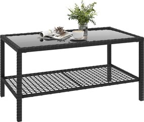 Outsunny rattan kerti oldalasztal polccal, edzett üveg tetejű és acélvázzal — 92 x 50 x 45 cm, fekete | Aosom