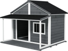PawHut Tömör Fa Kutyaól Kicsi Állat Házzal és Terasszal Aszfalt Tetővel Kültéri Vízálló Menedék Szürke 124 x 112 x 105 cm | Aosom