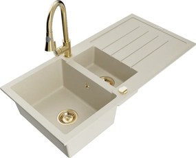 Mexen Andres 1,5 rekeszes gránit mosogató csepegtetővel és Elia konyhai csappal, bézs - 6515-69-670101-50