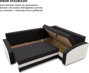 Grande sarokkanapé polcokkal , polc a bal karfaban, jobboldali, szövet anyag, bonell töltet, fekete - fehér