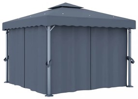 antracitszürke pavilon függönnyel és LED fényfüzérrel 3 x 3 m