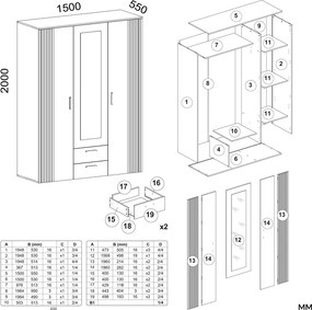 Ava 150 gardróbszekrény, 150 cm, tükörrel, 2 fiók, bordázott front, tölgy - kasmír