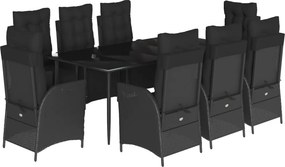 vidaXL 9 részes fekete polyrattan kerti étkezőgarnitúra párnákkal