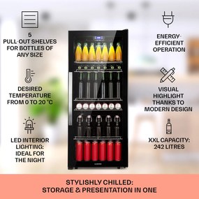 Klarstein Beersafe 7XL, hűtőszekrény, 242 liter, 5 polc, panoráma üvegajtó, rozsdamentes acél